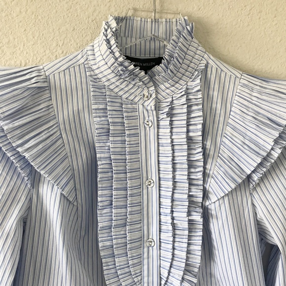 Karen Millen Pleated Striped Ruffle US 6/UK 10 Long Sleeve Button Up Shirt NWOT - Picture 6 of 12